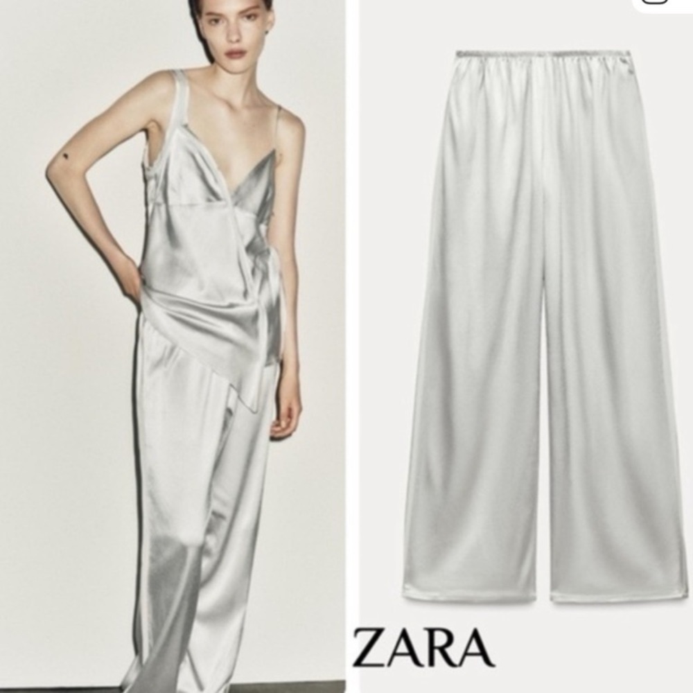 Zara Silver Satin Silver Matching Set - Asymmetric Tank Top & Wide-Leg Pants